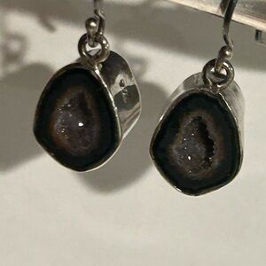 Silver and Deep Purple Teardrop Earrings with Crystalline Interior